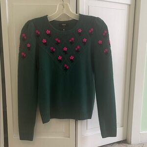 AQUA Dark Green 100% Cashmere Sweater with Pink Floral Details XS